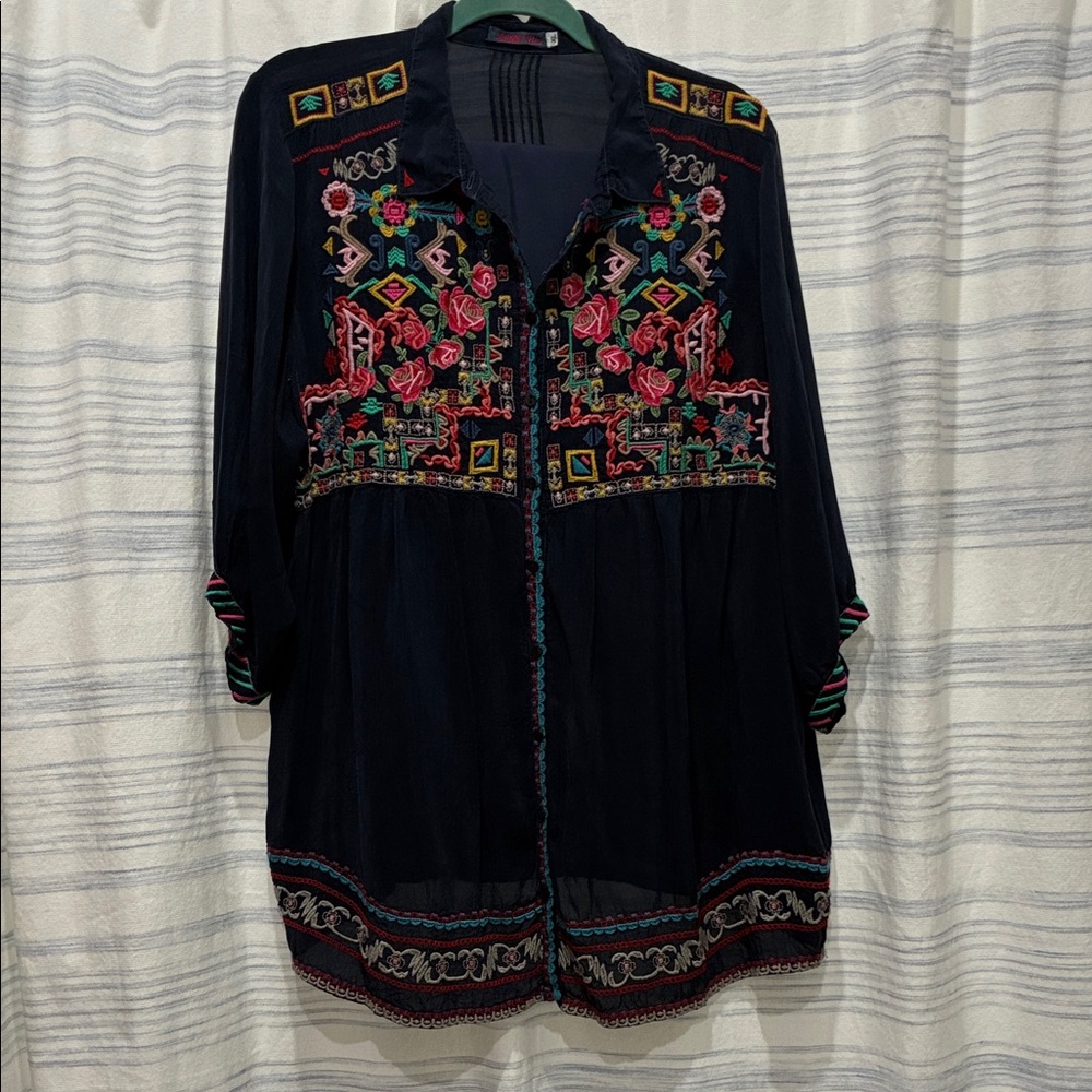 Johnny Was Navy Blouse with Multicolor Embroidery